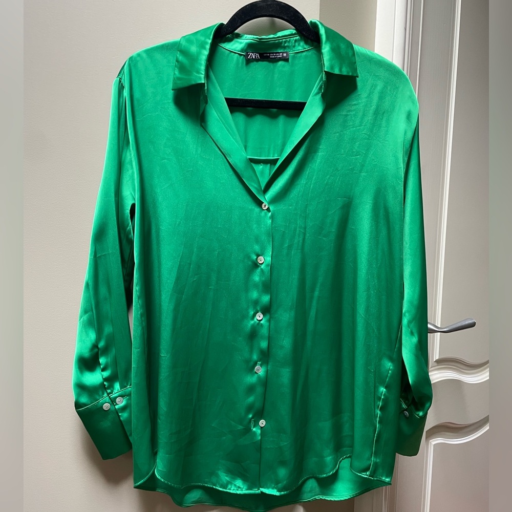 Zara Emerald Green Satin Button-Up Blouse